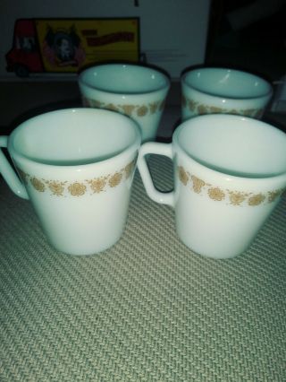 Set Of 4 Pyrex Butterfly Gold Flower Pattern Coffee Cups Vintage Milk Glass Mugs