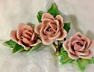 Set Of 3 Hand Painted Porcelain Pink Rose Figurine Signed Numbered Capodimonte