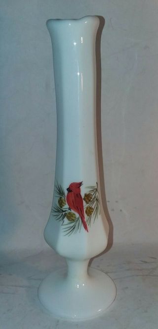 Fenton Glass Red Cardinal Bird Bud Vase Hand Painted Artist Signed Christmas