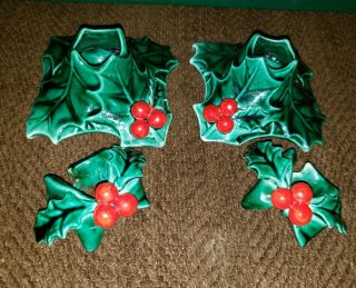Vtg Lefton Green Holly Berry Ceramic Candle Holders Withtaper Rings Made Japan