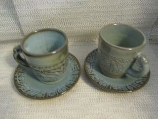 Frankoma Pottery.  2 - Woodland Moss Mayan Aztec Coffee Cup 7c & Saucers 7e