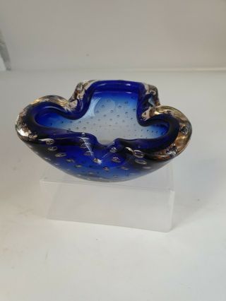 Vintage Murano Cobalt Blue Art Glass Controlled Bubble Bowl Ashtray