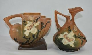Vintage Roseville Pottery Magnolia Brown Cornucopia 182 - 5 And Ewer 13 - 6