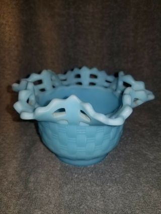Fenton Glass Vase Blue Basket Weave Ruffled Edge 3 " High