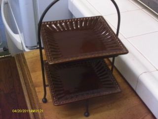 Two Tiered Serving Dish/ Metal Rack/brown / 11 1/2 X 6 Inches / Ceramic