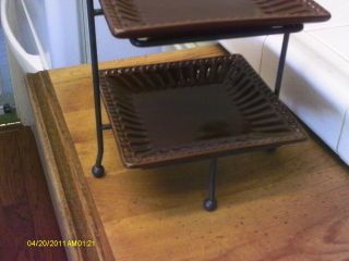 TWO TIERED SERVING DISH/ METAL RACK/BROWN / 11 1/2 X 6 INCHES / CERAMIC 2