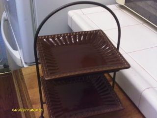 TWO TIERED SERVING DISH/ METAL RACK/BROWN / 11 1/2 X 6 INCHES / CERAMIC 3