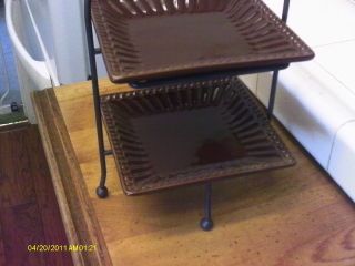 TWO TIERED SERVING DISH/ METAL RACK/BROWN / 11 1/2 X 6 INCHES / CERAMIC 4