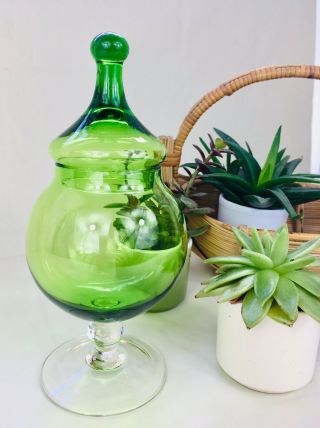Vintage Italian Empoli Olive Green Glass Apothecary Bon Bon Jar