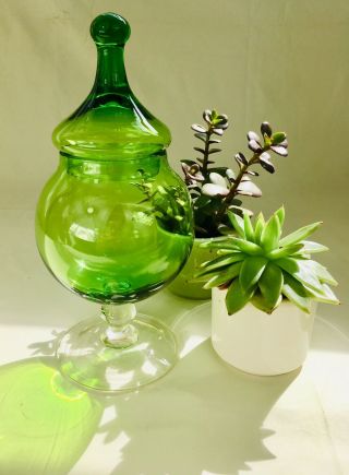 Vintage Italian Empoli Olive Green Glass Apothecary Bon Bon Jar 3
