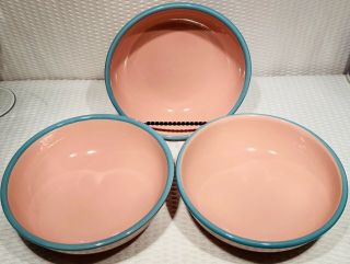 Set Of 3 6 3/4” Rio Century Stoneware Pink And Turquoise Blue Bowls Japan