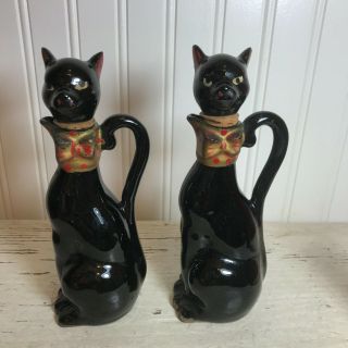 Vintage Mid Century Modern Ceramic Black Cat Oil & Vinegar Cruets Relco Japan