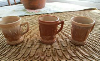 3 Antique Greentown Chocolate Caramel Slag Glass 5 " Cactus Coffee Mug Cup