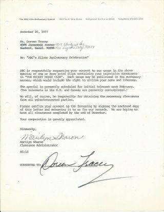 Doreen Tracy Mickey Mouse Club Donna Reed 1977 Signed Contract With Abc D.  2018