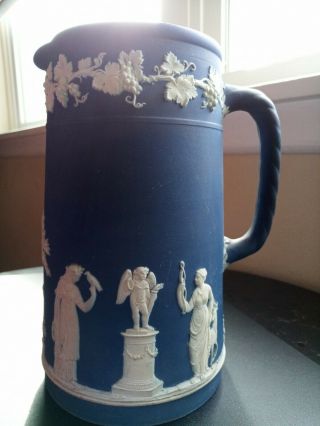 Wedgwood Jasperware Blue And White Jug Sacrifice Figures Ribbed Handle England