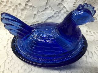 Blue Vaseline glass hen chicken on nest basket candy dish rooster Cobalt Uranium 4