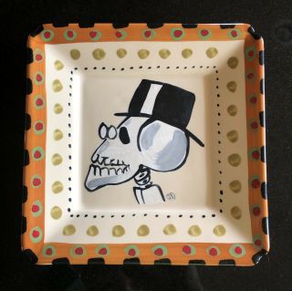 Pre - Owned Hf Coors Square Skeleton Day Of The Dead Halloween Plate 7.  25”w