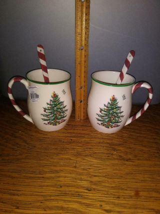 Set Of 2 Spode Christmas Tree Mugs With Peppermint Handle And Spoons Candy Cane