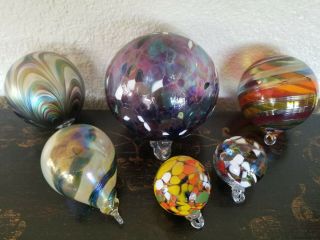 6 Hand Crafted Blown Art Glass Witches Balls Orb Ornament Assorted Sizes