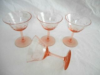 4 Pink Depression Etched Star Flower Stem Cocktail Champagne Glasses - 6 Ozs.