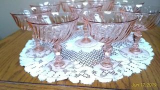 Pink Fine Crystal Depression Glass Set Of 9 Spiral Stemware Dessert Bowls,
