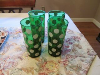 Set Of 4 Anchor Hocking Forest Green White Polka Dot Tumblers