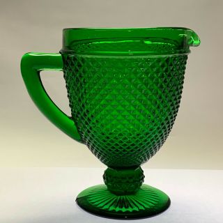 Heavy Emerald Green Diamond Point - English Hobnail Water Pitcher Pressed Glass