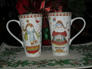 222 Fifth Christmas Play Fine China Porcelain Set Of 2 Holiday Latte Mugs -