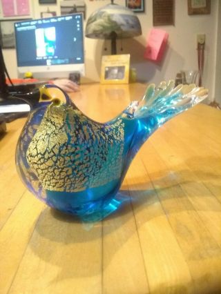 Murano Art Glass Bird Figurine Paperweight Teal Blue Gold Flake