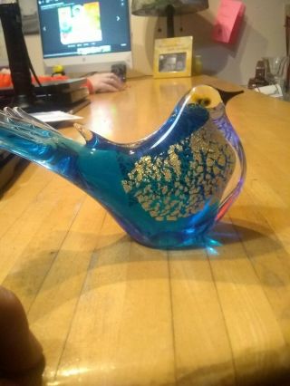 Murano Art Glass Bird Figurine Paperweight Teal Blue Gold Flake 5