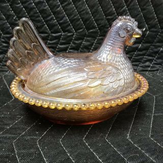 Indiana Marigold Iridescent Carnival Glass Hen On A Nest Covered Dish