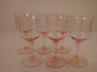 6 Etched Pink Crystal Sherry Glasses 5 "