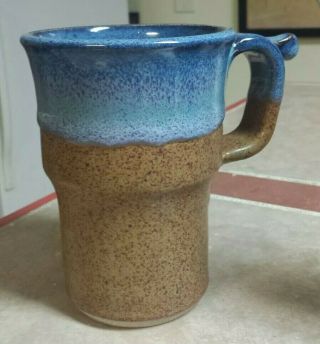 Hand Thrown Artisan Pottery Mug Stein Cup Artist Signed Handmade Blue Drip Glaze