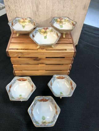 Rare Vintage Set Of 6 Nippon Hand Painted China Small Footed Nut Bowls