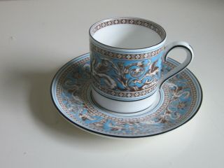 Vtg Wedgwood Bone China Demitasse Coffee Cup,  Saucer Set Turquoise Florentine