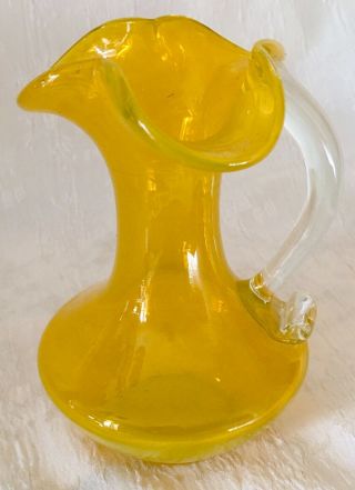 Vintage Blenko Yellow Glass Pitcher With Clear Applied Handle And Splayed Spout