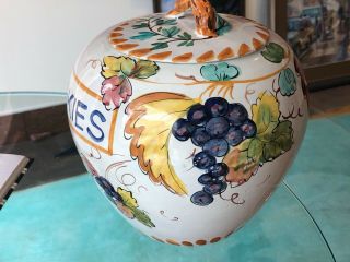 Vtg Pottery Italy Cookie Jar Canister Lid Ceramic Grape Vine Floral Grapes 2