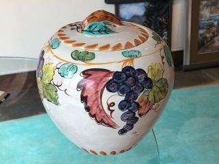 Vtg Pottery Italy Cookie Jar Canister Lid Ceramic Grape Vine Floral Grapes 3
