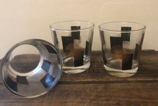 3 Vintage Mid - Century Modern Atomic Starburst Black & Gold Glasses - Barware