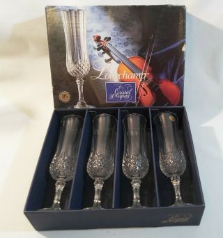Set Of 4 Cristal D’arques Longchamp Diamond Pattern Champagne Flutes Goblets