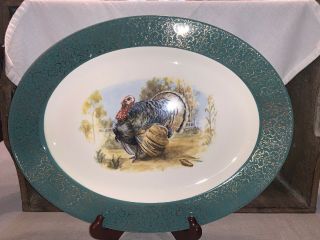 Homer Laughlin Oval Turkey Platter Green Gold Mid Century Retro Mod Thanksgiving