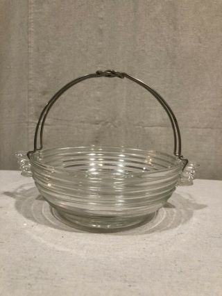 Vintage Manhattan Anchor Hocking Depression Glass 7” Serving Bowl W/metal Handle