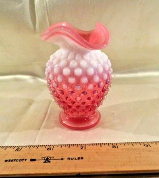 Vintage Fenton Cranberry Opalescent Hobnail Small Vase With " Triangular " Ruffle