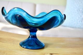 Blue Viking Glass Epic Line Blue 6 Petal Footed Fruit Bowl Candy Dish