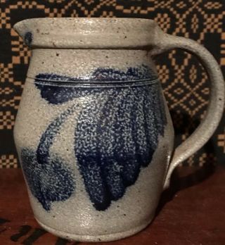 Vintage Primitive Rowe Pottery Blue Salt Glaze Stoneware Tulip Flower Pitcher