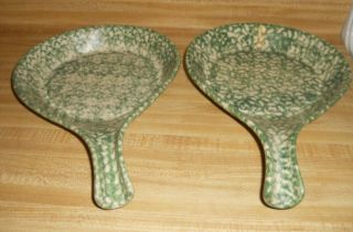Set Of 2 Henn Pottery Workshops Green Spongeware Handled Skillets