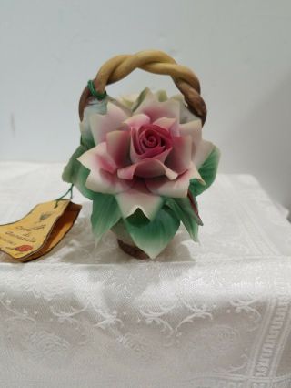 Vintage Nuova Capodimonte Porcelain Basket 4”H 4 1/2”W Pink And Yellow Flowers 5