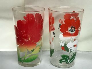 Vtg Set Of 2 Juice Drinking Glasses Red Green White Ombre Floral Mid Century 5 "