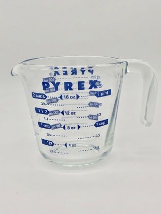 Pyrex Blue Lettering Glass Measuring Cup 2 Cup 1 Pint 16 Ounces Open Handle Vtg