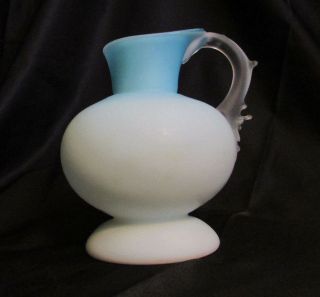 Victorian Art Glass Blue & White Cased Satin Thorn Handle Ewer Vase Pitcher